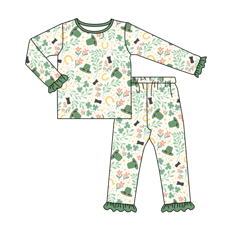 Preorder (moq 5) Baby Girl Clothes St Patrick’s Day Clover Horseshoe Floral Print Long Sleeve Ruffle Cuff Top Jogger Pant Pajama Set