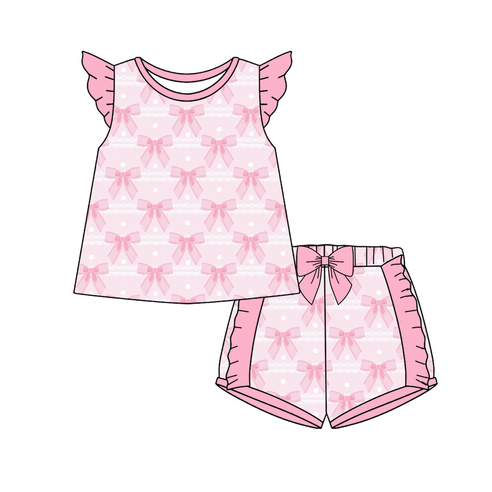 Preorder (moq 5)Baby Girls Flutter Sleeve Bows Polka Dots Tunic Ruffle Short Clothes Sets