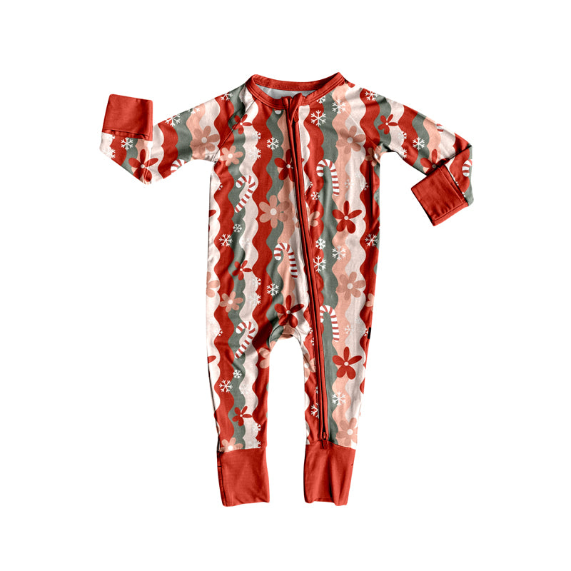Preorder (moq 5)Baby Girls Long Sleeves Red Candy Cane Flowers Zipper Rompers