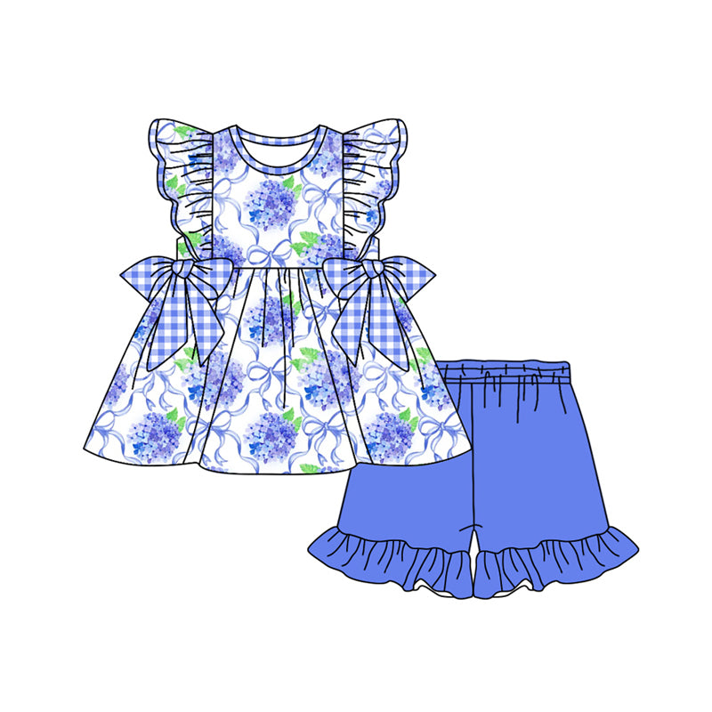 Preorder moq 5 Baby Girls Flutter Sleeves Blue Floral Bows Tunic Ruffle Short Set