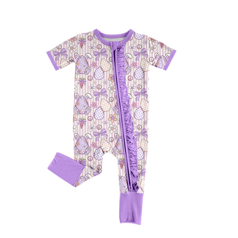 Preorder (moq 5) Baby Girl Clothes Easter Bunny Egg Stripe Mixed Print Short Sleeve Zipper Ruffle Baby Romper