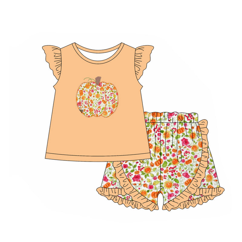 Preorder (moq 5)Baby Girls Orange Flutter Sleeves Floral Pumpkins Top Ruffle Shorts Set