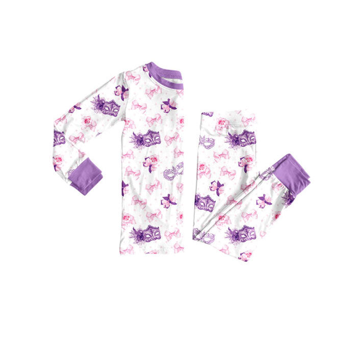 Preorder(moq 8)Baby Girls Bows Masks Polka Dots Top Pants Mardigras Pajamas Sets