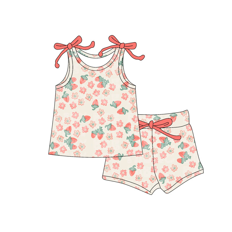 Preorder moq 5 Baby Girls Bows Sleeveless Strawberry Flowers Top Short Set