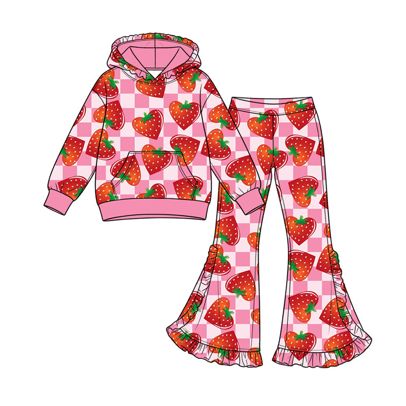 Preorder (moq 5) Baby Girl Clothes Pink Check Strawberry Allover Print Long Sleeve Hooded Top Flare Pant Set
