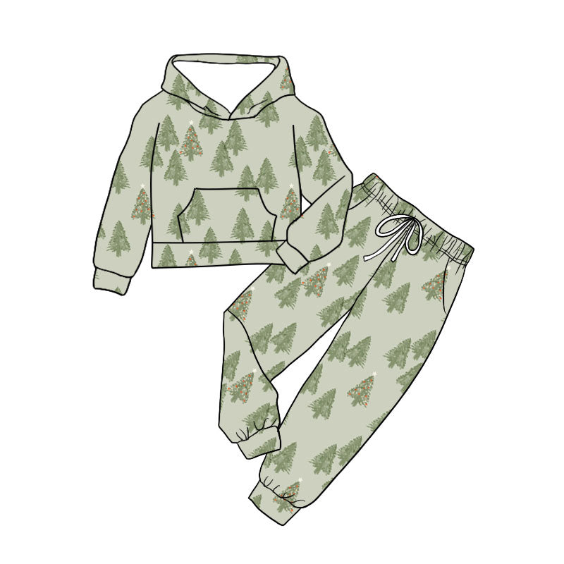 Preorder (moq 5)Baby Girls Green Trees Pocket Hoodie Jogger Christmas Clothes Set