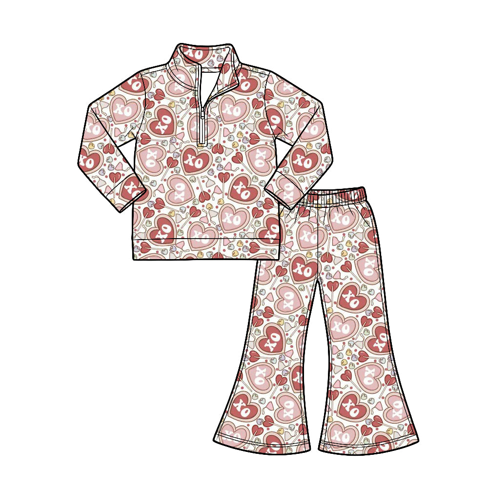 Preorder (moq 5) Baby Girl Clothes Valentine XOXO Heart Print Long‑sleeve Quarter Zip Top Flare Pants Set