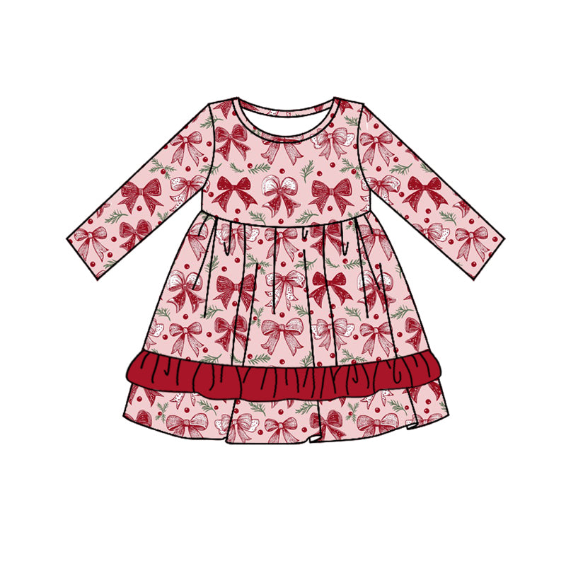 Preorder (moq 5)Baby Girls Hot Pink Long Sleeves Bows Plaid Knee Length Dresses