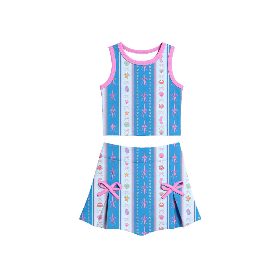 Preorder (moq 5)Baby Girls Sleeveless Bows Shells Stripe Top Skirt Short Clothes Sets