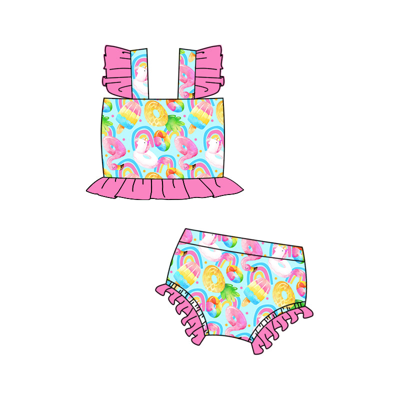 Preorder (moq 5)Baby Girls Unicorn Flamingo Rainbow 2pcs Top Bummie Swimsuits