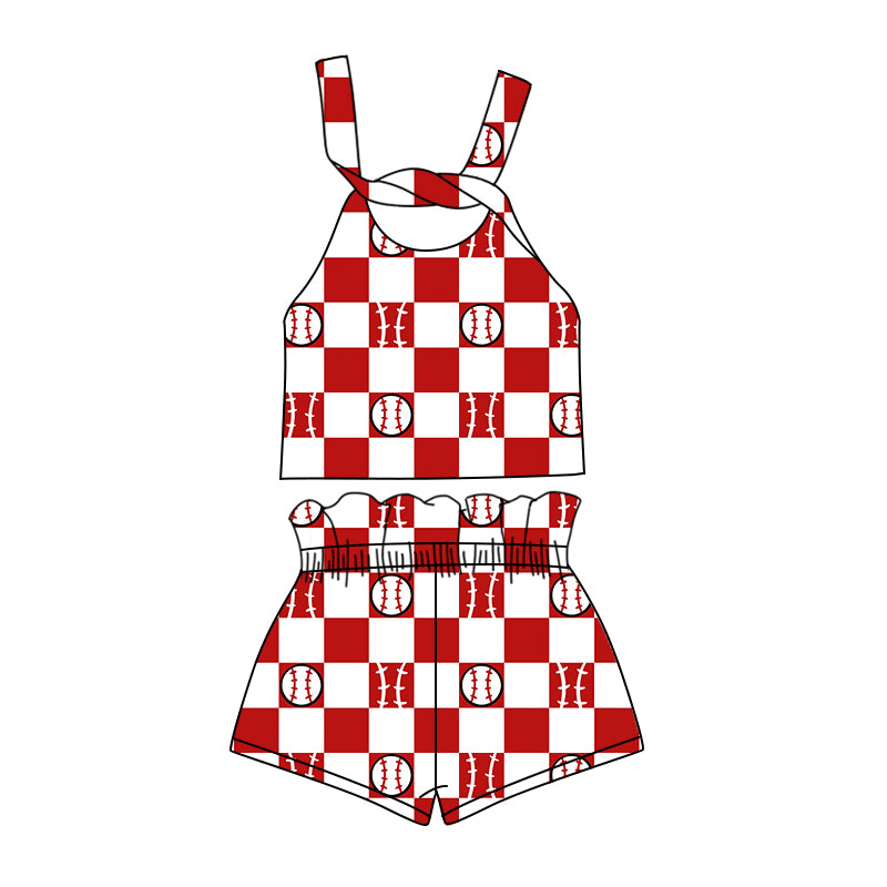 Preorder (moq 5)Baby Girls Baseball Checkered Straps Top Shorts Clothes Sets