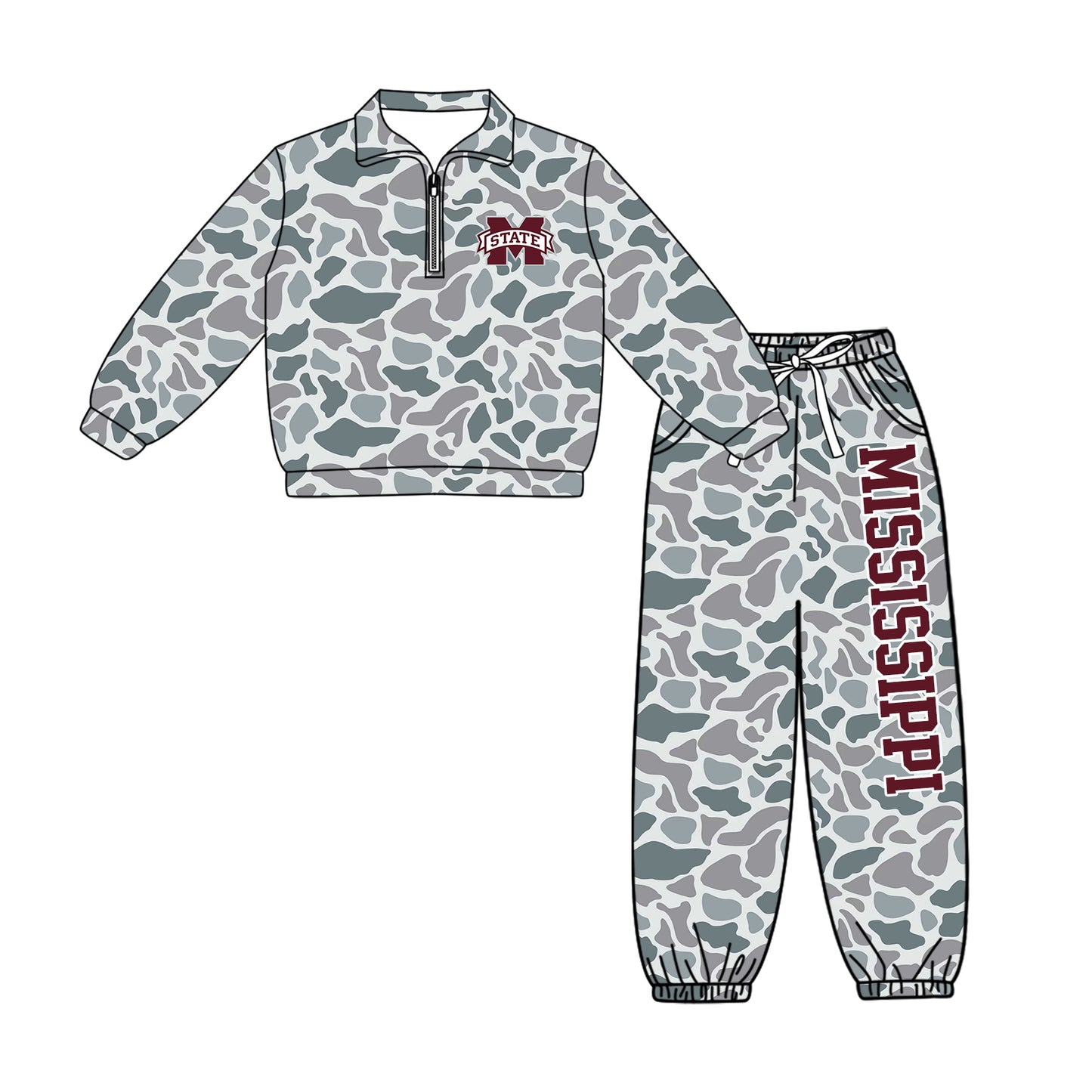 Preorder(moq 5)Baby Boys Grey Camo Mississippi Zip Pullover Pockets Joggers Team Clothes Sets