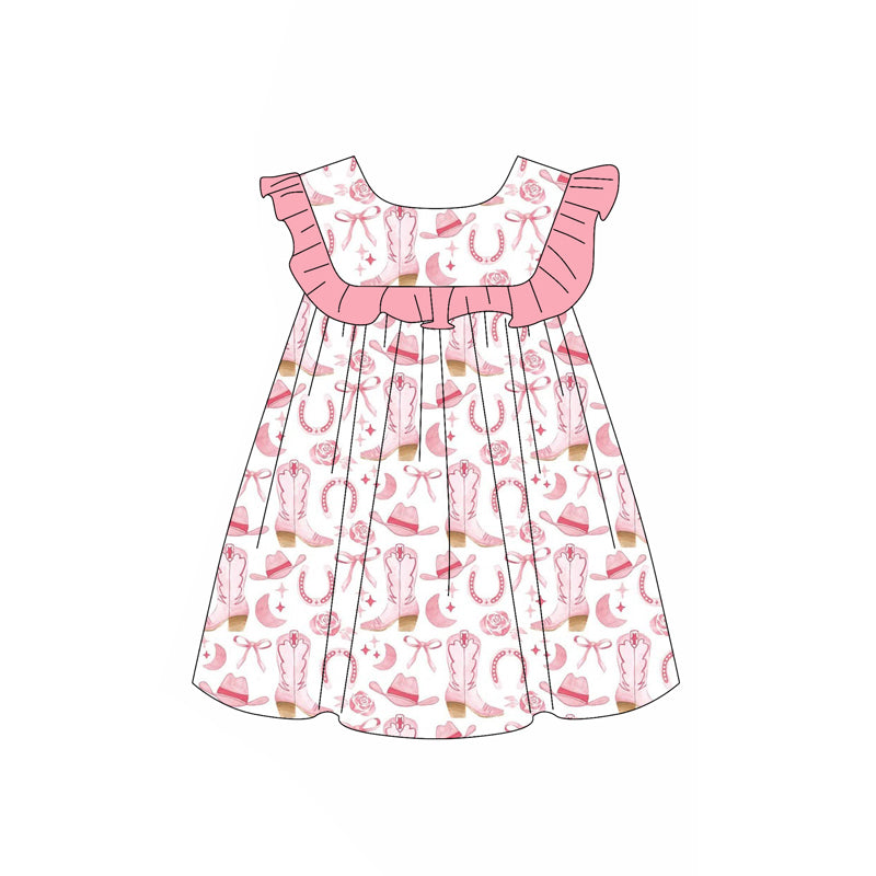 Preorder (moq 5)Baby Girls Pink Sleeveless Bows Boots Round Collar Knee Length Dresses