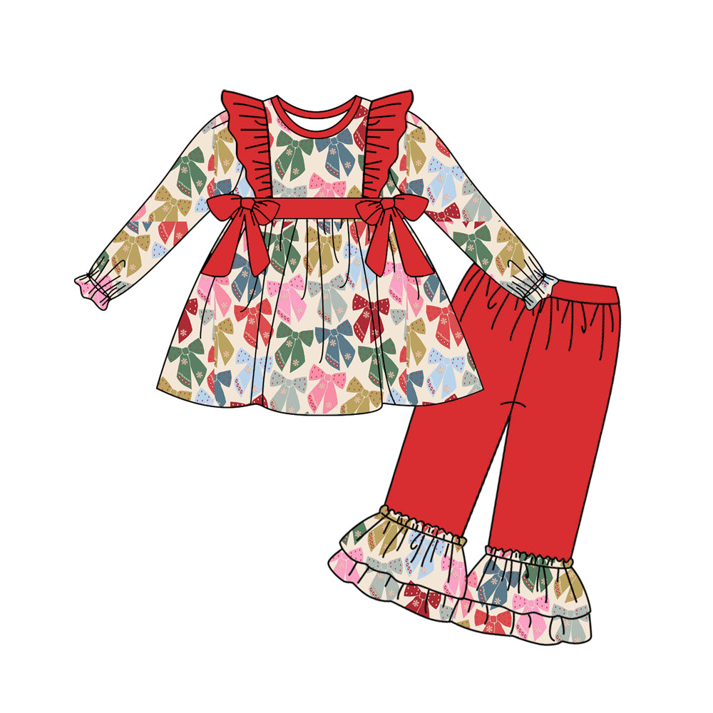 Preorder (moq 5)Baby Girls Red Long Sleeves Colorful Bows Plaid Tunic Ruffle Pant Sets