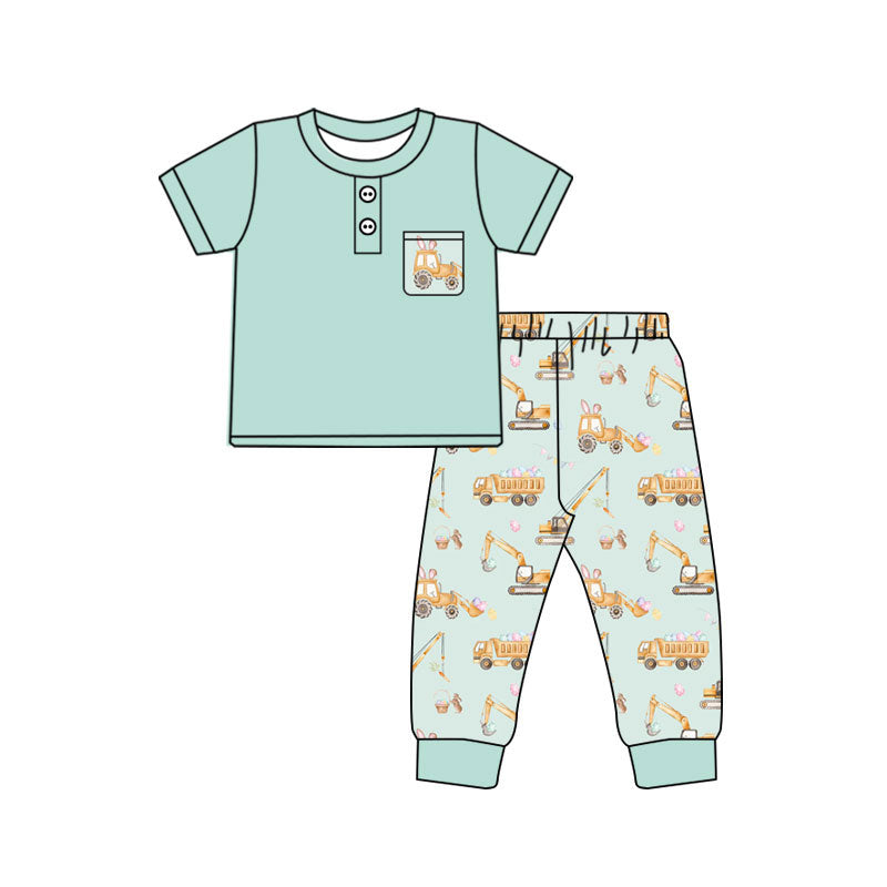 Preorder(moq 8)Baby Boys Button Pocket Top Excavators Eggs Jogger Easter Clothes Sets