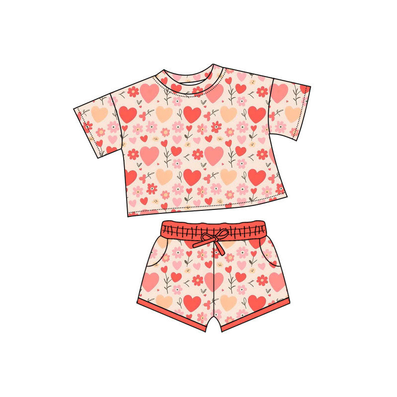 Preorder(moq 5) Baby Girls Peach Hearts Flowers Top Pockets Shorts Valentine Clothes Sets