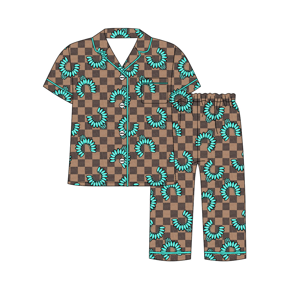 Preorder moq 5 Adult Short Sleeve Khaki Checked Turquoises Button Pockets Top Pants Western Pajamas Sets