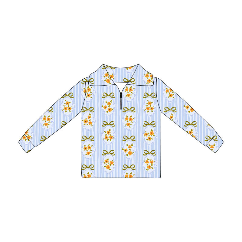 Preorder (moq 5)Baby Girls Long Sleeve Blue Stripe Bows Flowers Zip Pullovers Top