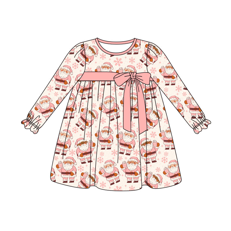 Preorder (moq 5)Baby Girls Long Ruffle Sleeves Pink Santa Snowflake Knee Length Dresses