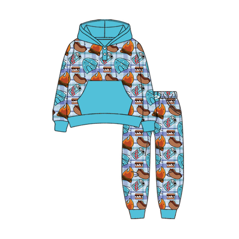 Preorder(moq 5) Baby Boys Long Sleeves Food Camping Pockets Button Hoodies Pants Set
