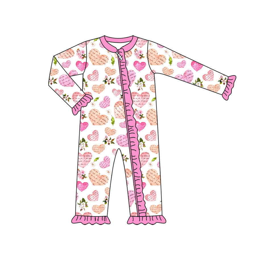 Preorder (moq 5) Baby Girl Clothes Vintage Valentine Heart Letter Floral Print Long Sleeve Zipper Ruffle Romper