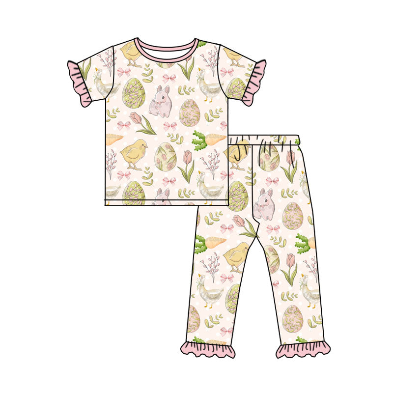 Preorder (moq 5) Baby Girls Chicks Rabbits Top Ruffle Pant Easter Pajamas Set