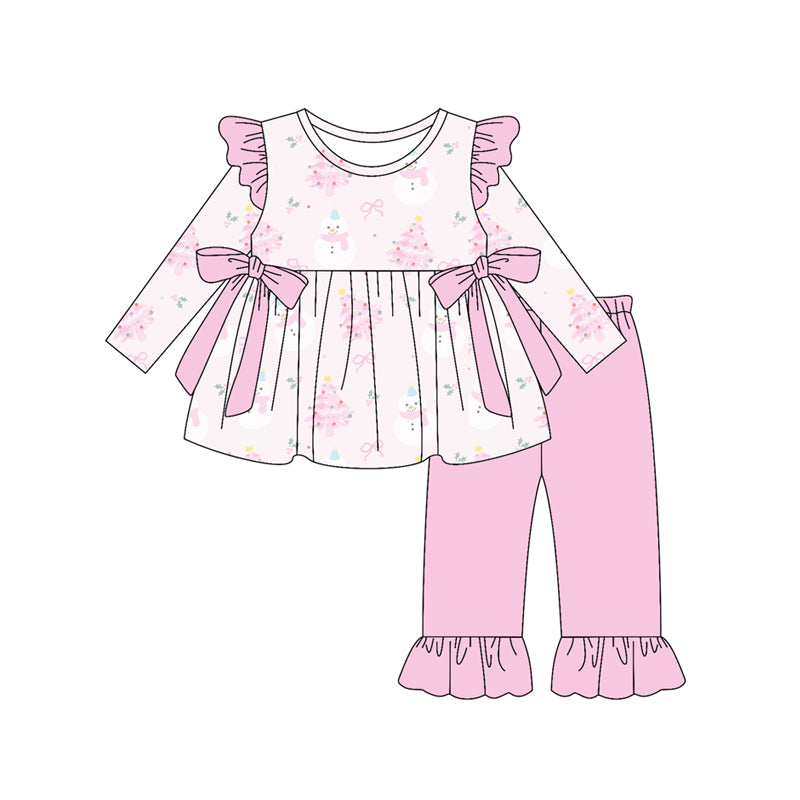 Preorder (moq 5)Baby Girls Long Sleeves Pink Bows Trees Tunic Ruffle Pant Set