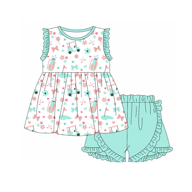 Preorder (moq 5)Baby Girls Golf Green Bows Tunic Top Shorts Clothes Sets