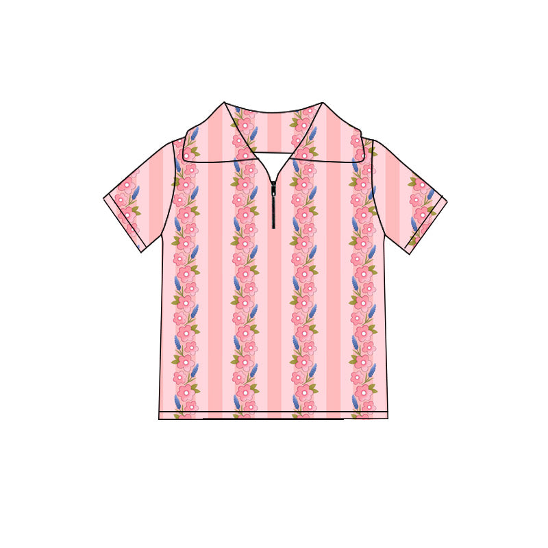 Preorder (moq 5)Baby Girls Pink Stripe Flowers Zip Pullovers Top