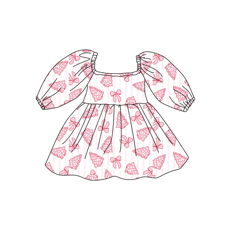 Preorder (moq 5)Baby Girls Pink Stripe Bows Trees Christmas Knee Length Dresses