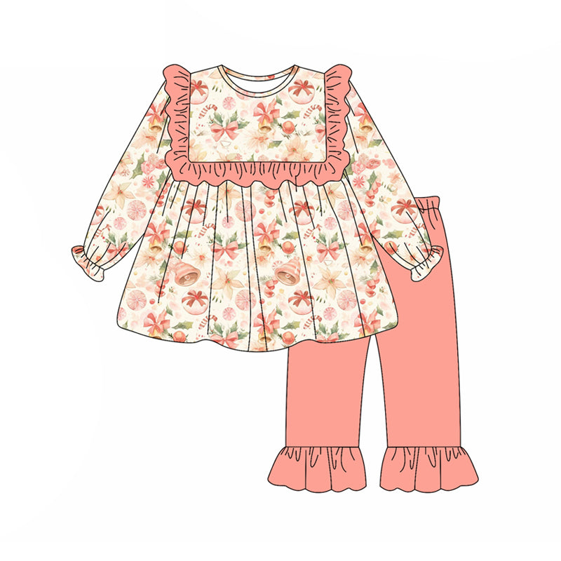 Preorder (moq 5)Baby Girls Long Sleeves Peach Floral Pumpkins Tunic Ruffle Pant Set