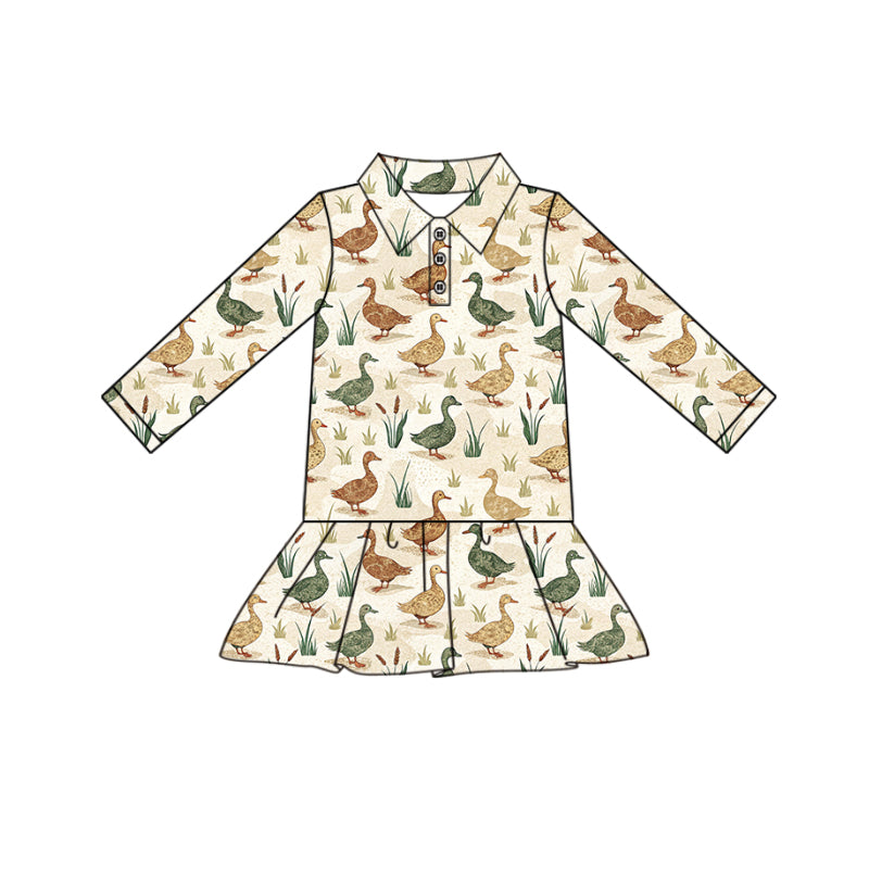 Preorder (moq 5)Baby Girls Long Sleeve Ducks Button Hunting Knee Length Dresses
