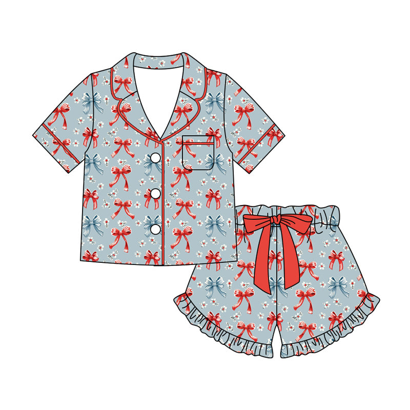 Preorder moq 5 Adult Women Bows Flowers Button Pocket Top Ruffle Short 4th of July Pajamas Sets