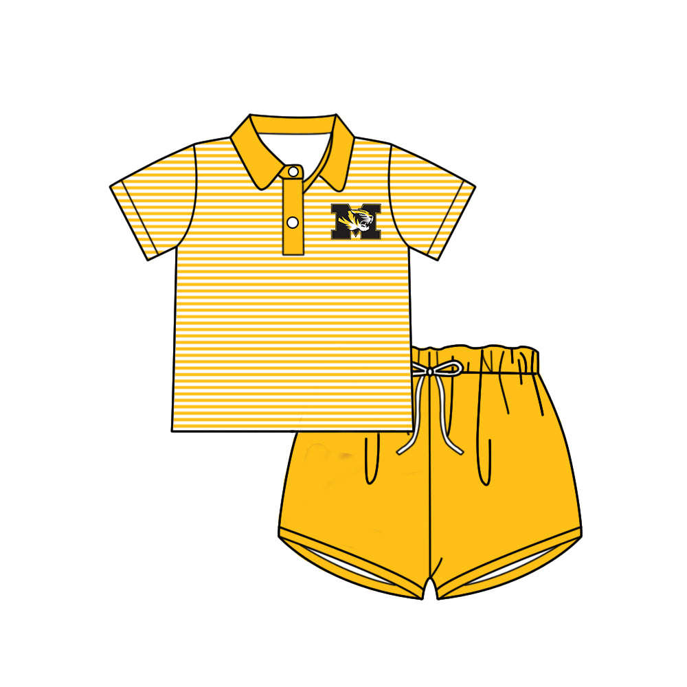 Preorder (moq 5)Baby Boys Short Sleeves Yellow Stripes Button Lion M Top Shorts Team Set
