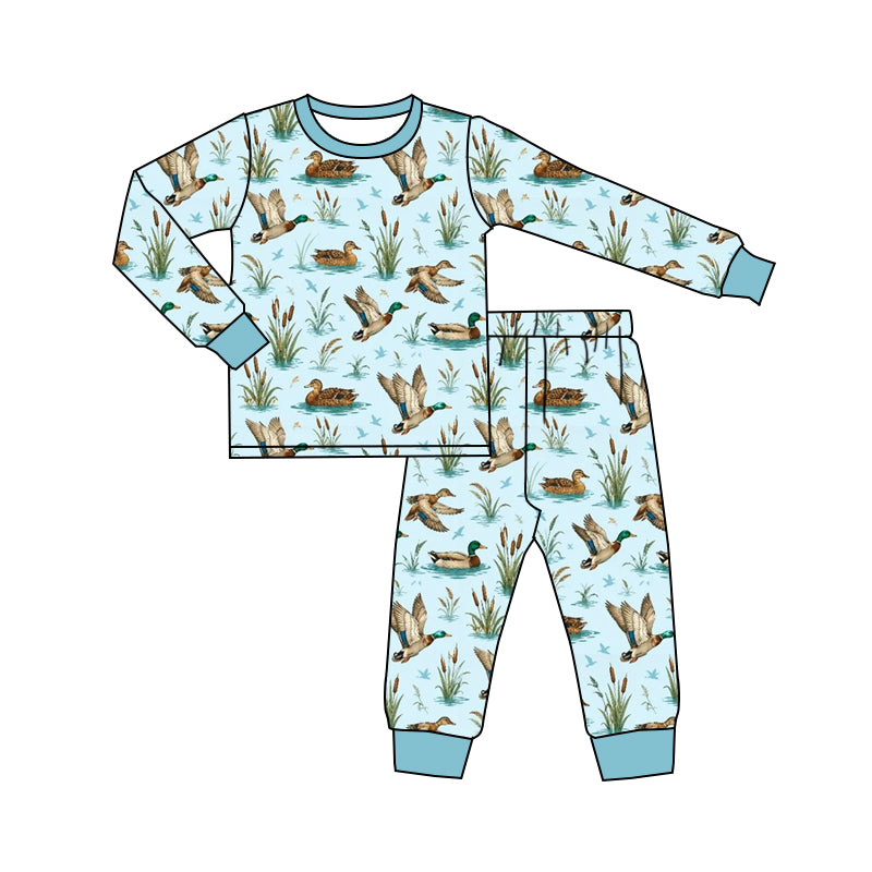 Preorder (moq 5) Baby Boy Clothes Light Blue Duck Pond Reed Print Long Sleeve Top Jogger Pant Pajama Set