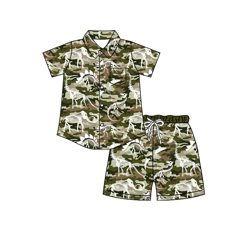 Preorder (moq 5)Baby Boys Southern Camo Dinosaurs Button Pocket Top Short Clothes Sets