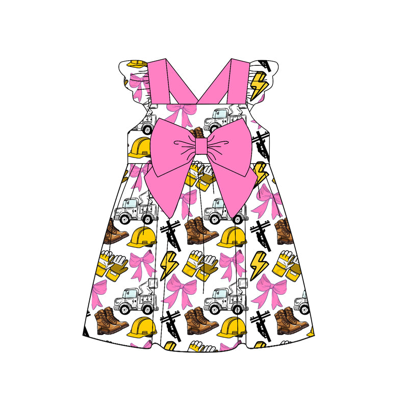 Preorder (moq 5)Baby Girls Hot Pink Flutter Sleeves Line Men Bows Knee Length Dress