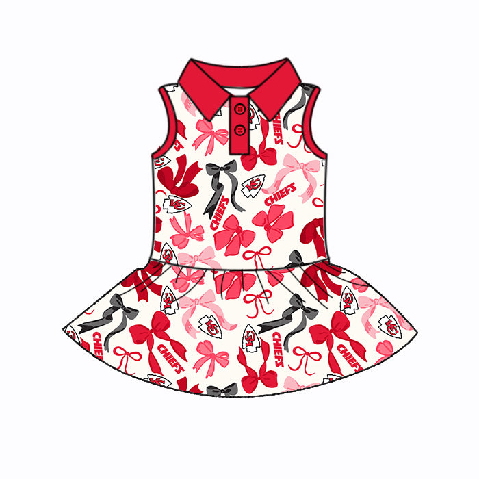 Preorder (moq 5)Baby Girls Pink Sleeveless Bows Plaid KC Chiefs Button Team Knee Length Dresses