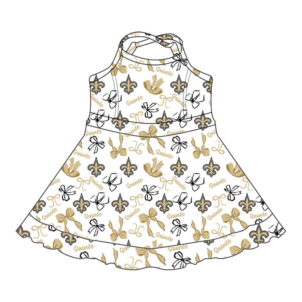 Preorder (moq 5)Baby Girls Straps Yellow Bows Plaid Saints Shorts Ruffle Team Knee Length Dresses