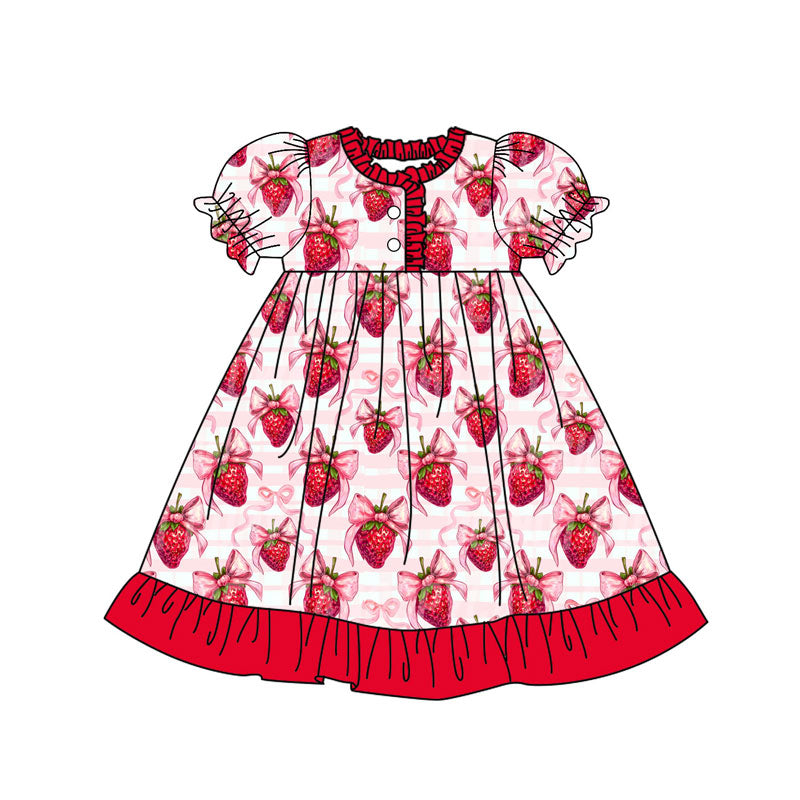Preorder(moq 8)Baby Girls Pink Stripe Bows Strawberry Button Ruffle Knee Length Dresses