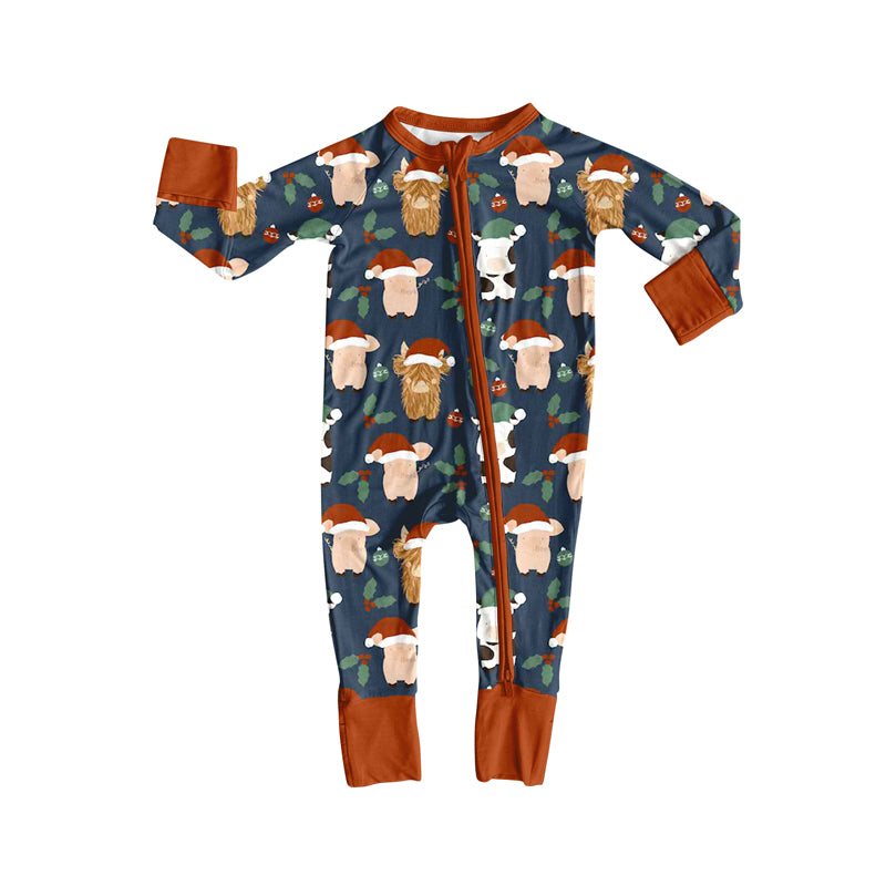 Preorder(moq 5)Baby Boys Western Christmas Cows Zipper Footie Rompers
