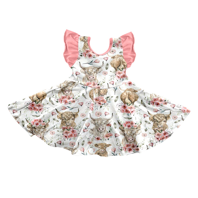 Baby Girls Pink Highland Cow Flowers Knee Length Dresses preorder(moq 5)