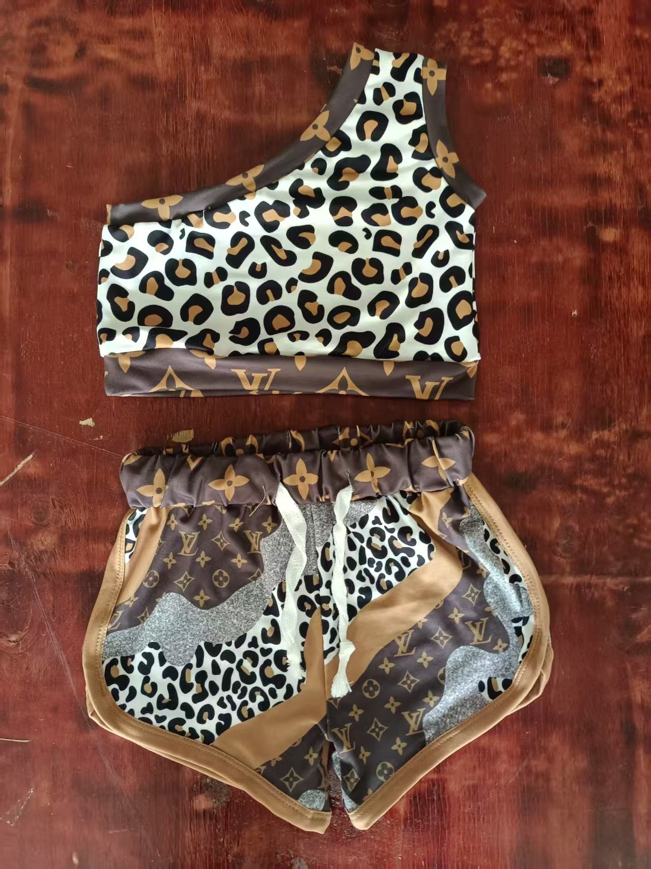 Preorder moq 5 Baby Girls One Shoulder Leopard Vest Top Floral Short Sets