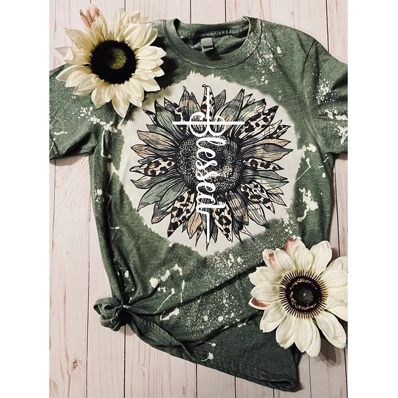 Preorder moq 5 Adult Women Western Blessed Sunflower Bleached Tee Shirts Tops