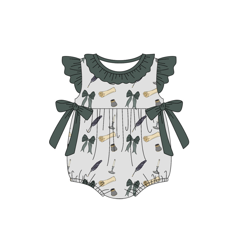 Preorder(moq 5)Baby Infant Girls Dark Green Bows Feather Bows Top Ruffle Rompers