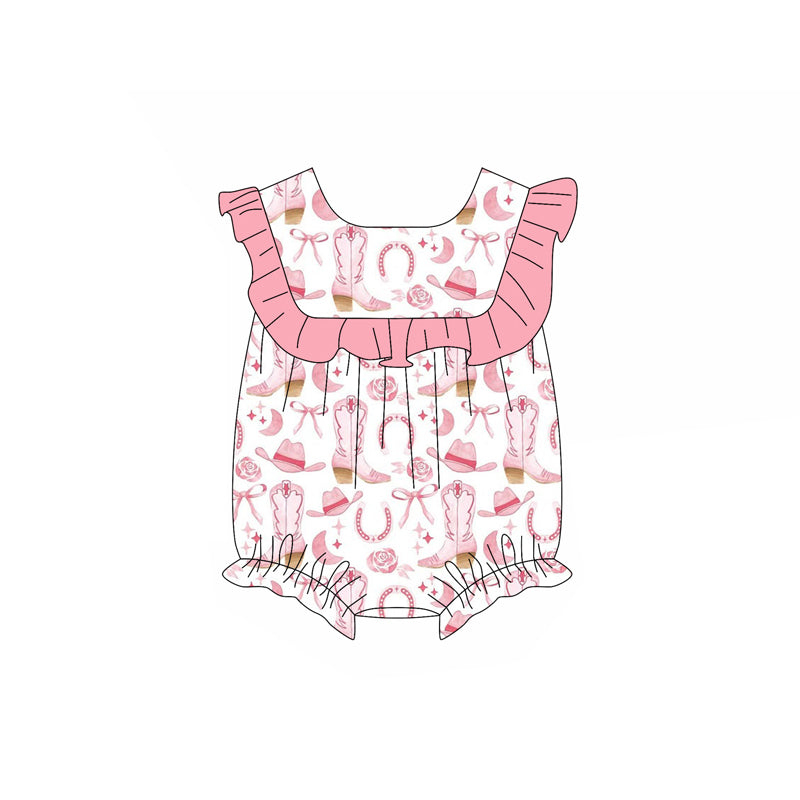 Preorder(moq 5)Baby Infant Girls Pink Ruffle Sleeveless Boots Bows Rompers