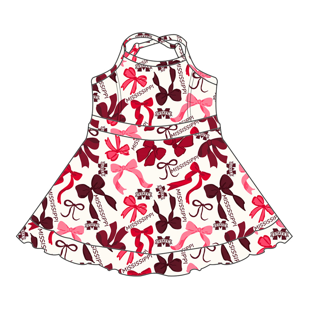 Preorder (moq 5)Baby Girls Red Strap Bows Plaid M State Shorts Ruffle Team Knee Length Dresses
