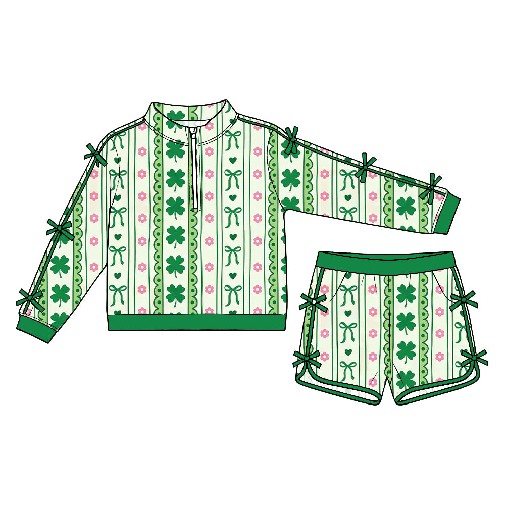 Preorder (moq5) Baby Girls Clovers Bows Flowers Stripe Zip Pullover Pockets Short St Patrick Set