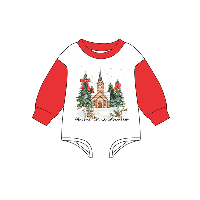 Preorder (moq 5)Baby Girls Red Long Sleeves Trees Houses Rompers