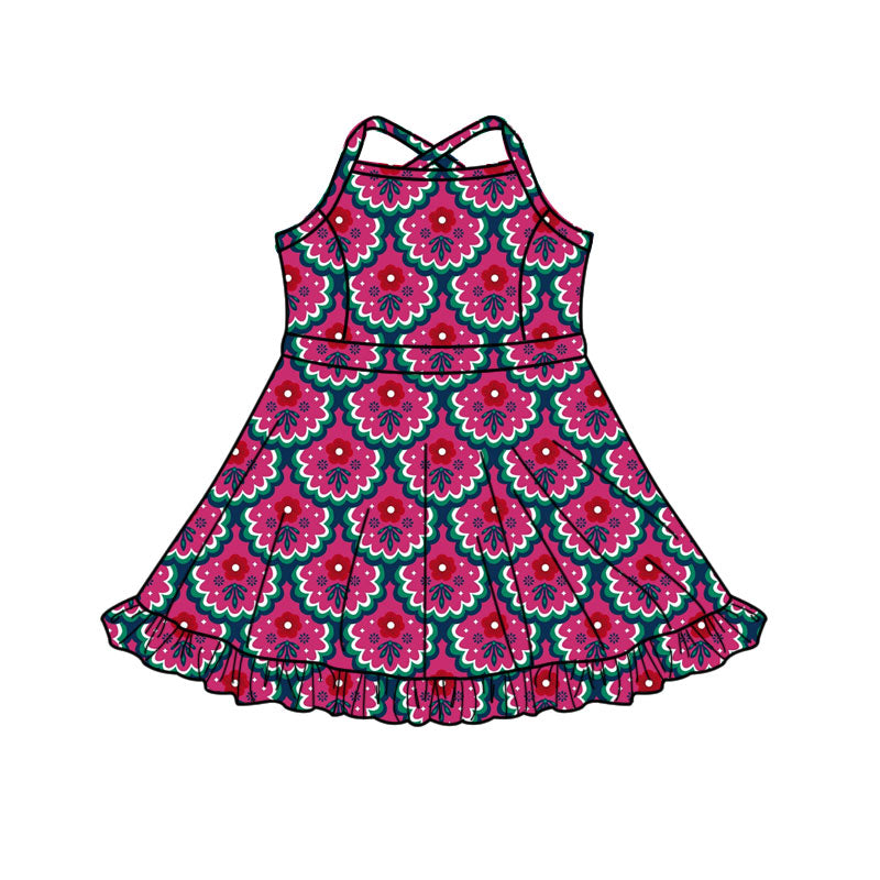 Preorder(moq 5) Baby Girls Red Flowers Checked Ruffle Shorts Knee Length Dresses